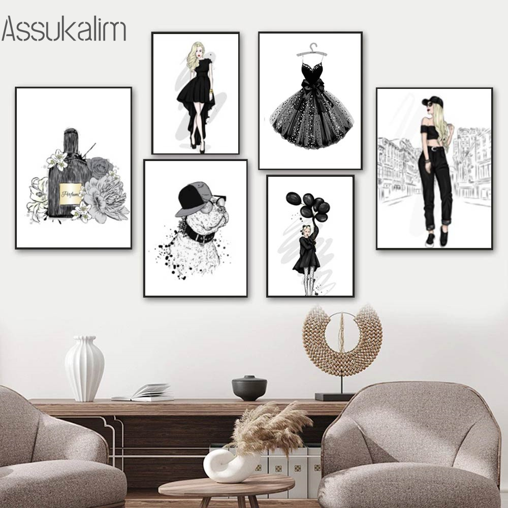 Black Evening Dress Print Pictures Fashion Girl Wall Poster Perfume Bottle Canvas Painting Nordic Posters Girl Room Decoration
