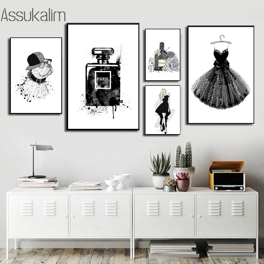 Black Evening Dress Print Pictures Fashion Girl Wall Poster Perfume Bottle Canvas Painting Nordic Posters Girl Room Decoration