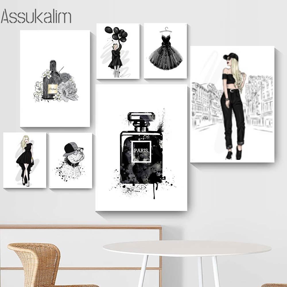Black Evening Dress Print Pictures Fashion Girl Wall Poster Perfume Bottle Canvas Painting Nordic Posters Girl Room Decoration
